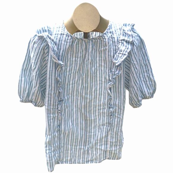 Universal Thread Tops - Universal Thread Cottagecore Blue White Stripe Ruffle Puff Sleeve Peasant Blouse